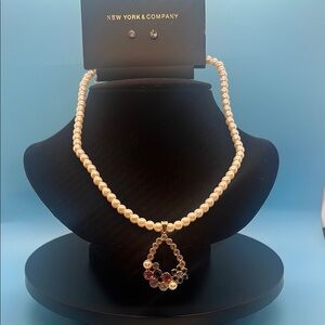 #P59.  New York & Company Pearl Necklace with Gold Accents